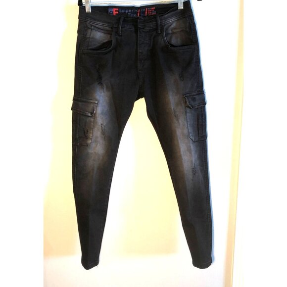 Emporio 10X Black Distressed Cargo Jogger Jeans Size M Slim Fit Denim - Picture 11 of 12